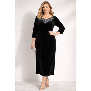 Bob Mackie Wearable Art Black Velvet Embellished Midi Dress 1X Evening Formal